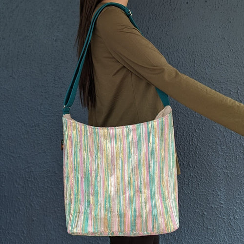 Golden Green Pink Striped Waste Plastic Wrappers Upcycled Handwoven Eclipse Jhola Tote (EJ0424-002) PS_W