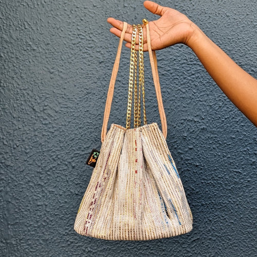 Golden Multicolored Waste Plastic Wrappers Upcycled Handwoven Girija Potli Sling (GP0424-012)