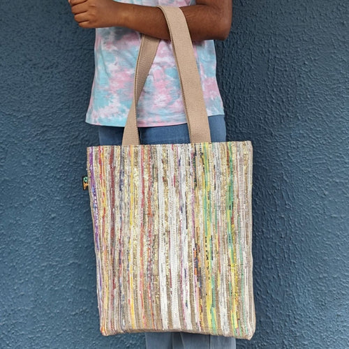 Golden Shimmery with Multicolored Stripes Waste Plastic Wrappers Upcycled Handwoven Shop N Go (SNG0324-004)