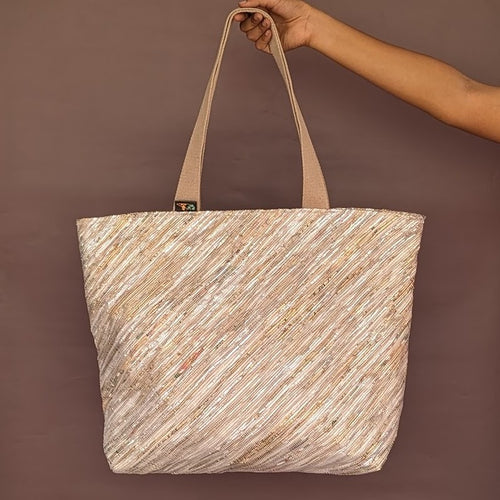 Golden White Waste Plastic Wrappers Upcycled Handwoven Beach Bag (BB0424-027) PS_W