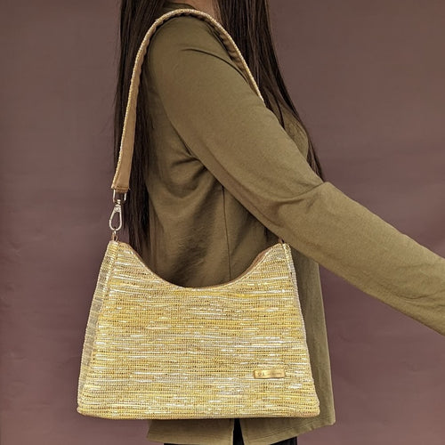 Golden Yellow Mix Waste Plastic Wrappers Upcycled Handwoven Baguette Bag (BTB0424-003) PS_W