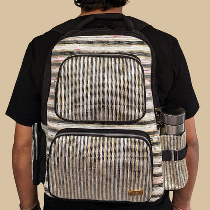 Golden Shimmery and Black Striped Upcycled Handwoven Commuter Backpack (CBP0624-002) PS_W.jpg