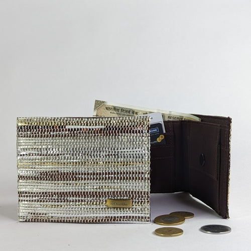 Golden and Cassette Tape Brown Waste Plastic Wrappers Upcycled Handwoven Wallet (W0424-004) PS_W