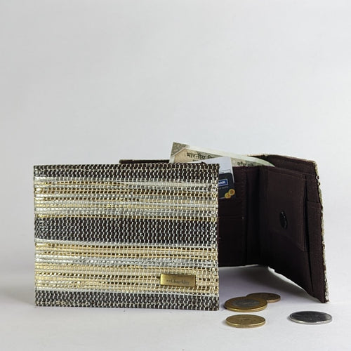 Golden and Cassette Tape Brown Waste Plastic Wrappers Upcycled Handwoven Wallet (W0424-005) PS_W