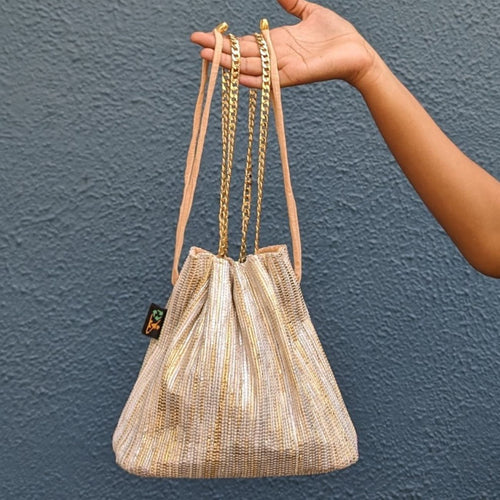 Golden and White Mix Waste Plastic Wrappers Upcycled Handwoven Girija Potli Sling (GP0424-009)