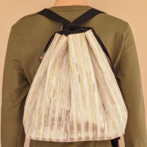 Golden and White Waste Plastic Wrappers Upcycled Handwoven Light Backpack (NLBP0524-003) PS_W