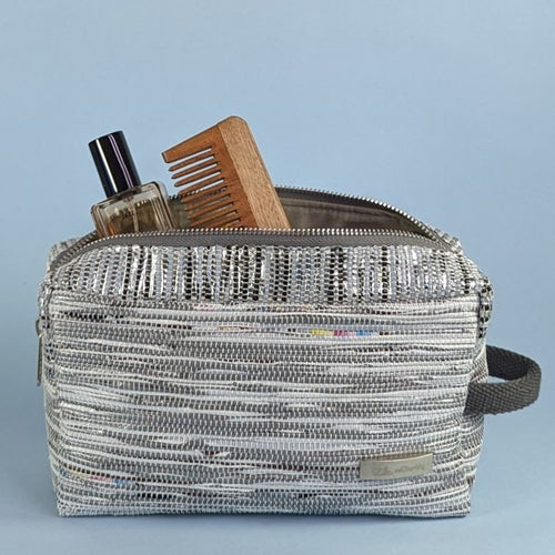 Gray and Silver Waste Plastic Wrappers Upcycled Handwoven Travel Kit (TK0424-004)