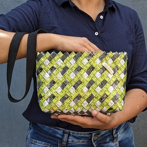 Green Black Checks Pattern Thick Plastic Wrappers Upcycled Origami Handcrafted Basketry Clutch Sling (NBB0224-109)