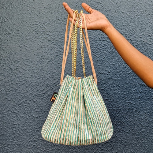 Green Golden and White Striped Waste Plastic Wrappers Upcycled Handwoven Girija Potli Sling (GP0424-011)