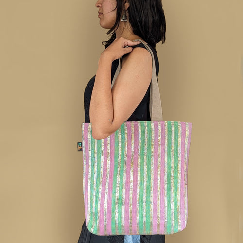 Green Silver Pink Striped Waste Plastic Wrappers Upcycled Handwoven Shop N Go (SNG0424-017)