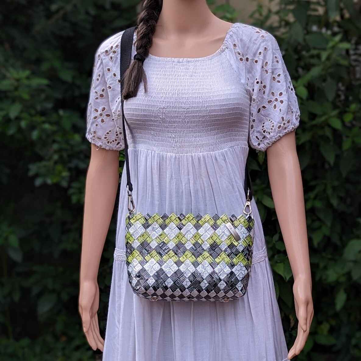 Green Black White Upcycled Origami Handcrafted Basketry Sling (NBB0824-001) PS_W