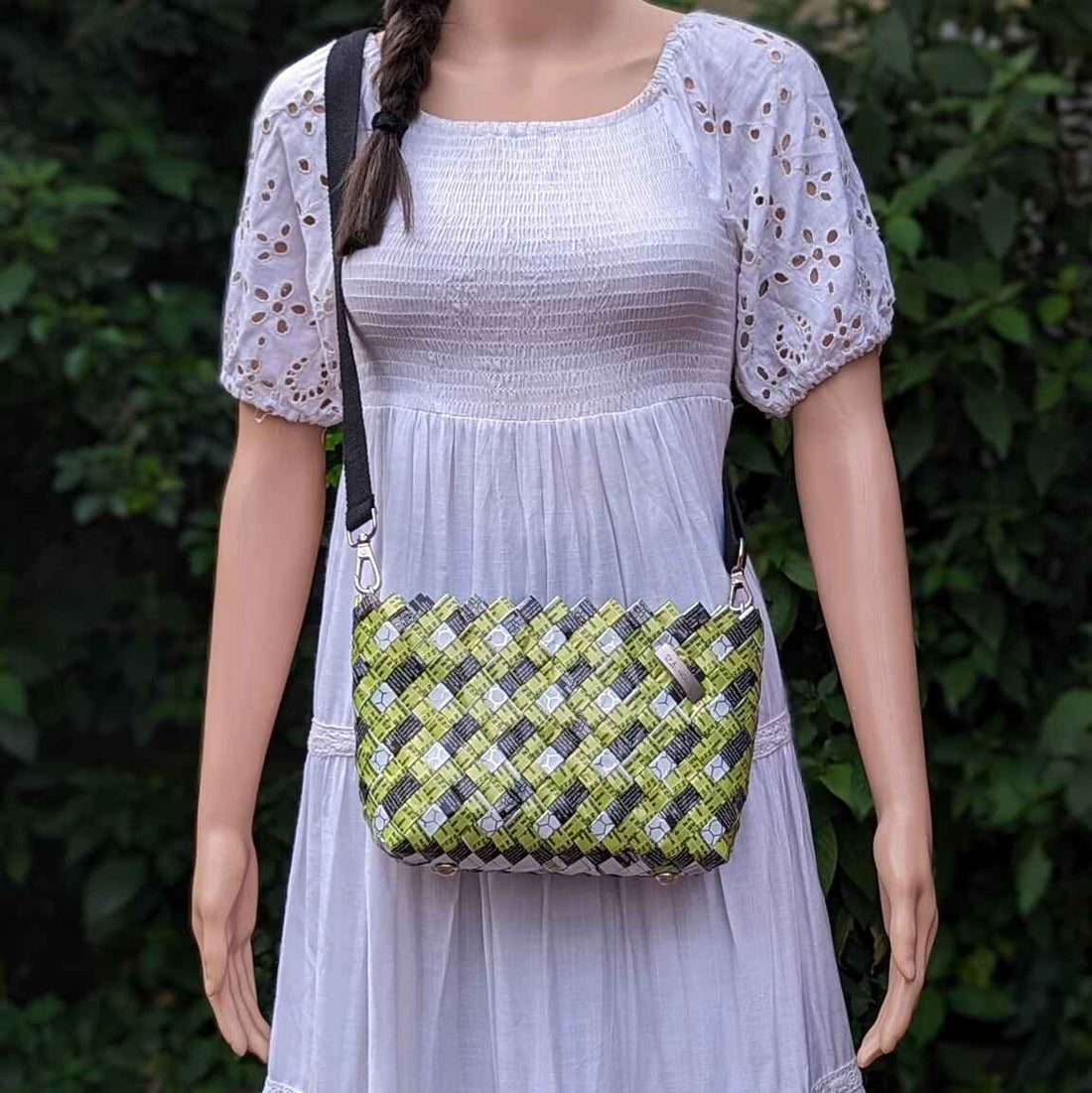Green Black White Upcycled Origami Handcrafted Basketry Sling (NBB0824-007) PS_W