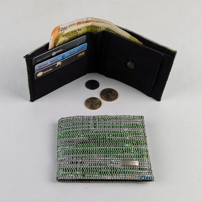 Green Glitter and Grey Upcycled Handwoven Wallet (W0224-100)