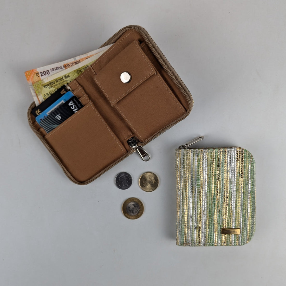 Green Gold Shimmery Upcycled Handwoven D Wallet (DW0225-001) PS_W