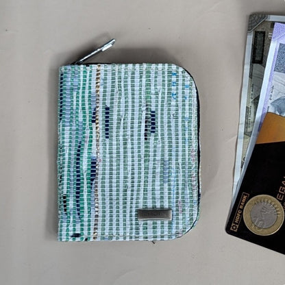 Green White Blue Golden Shimmery Striped Upcycled Handwoven D Wallet (DW1224-003) PS_W