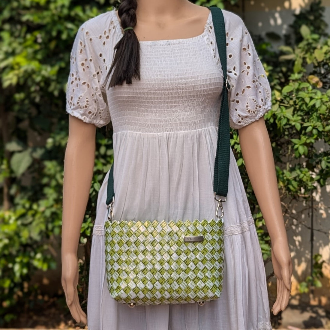Green White Designer Origami Handcrafted Basketry Sling (NBB1124-017) PS_W