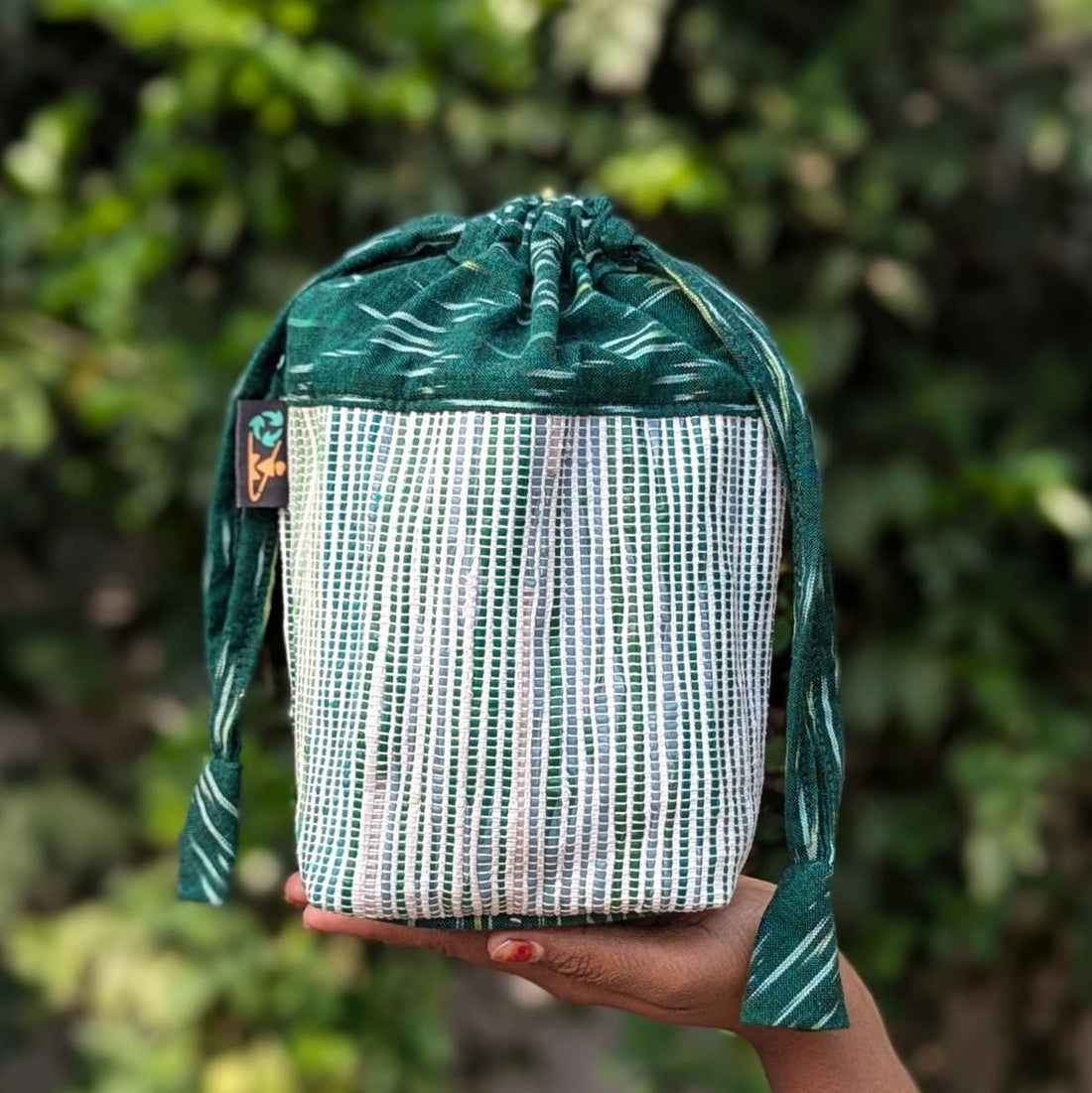 Green White Striped Upcycled Handwoven Potli Bag (P1124-012) PS_W