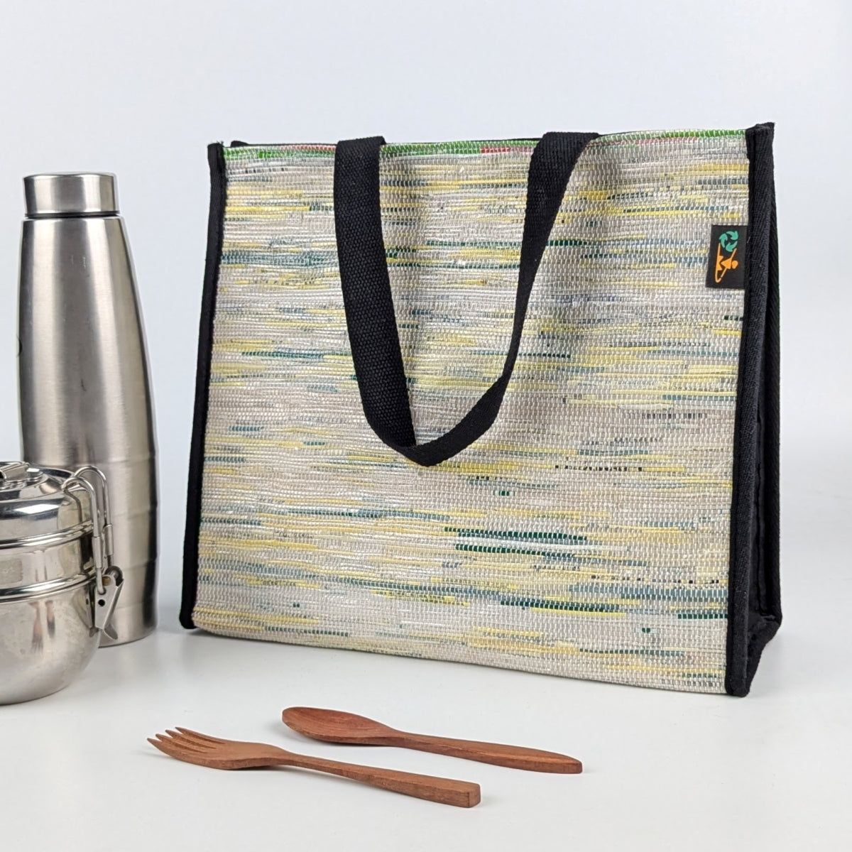 Green Yellow White Upcycled Handwoven Lunch Bag (LB0225-007) PS_W