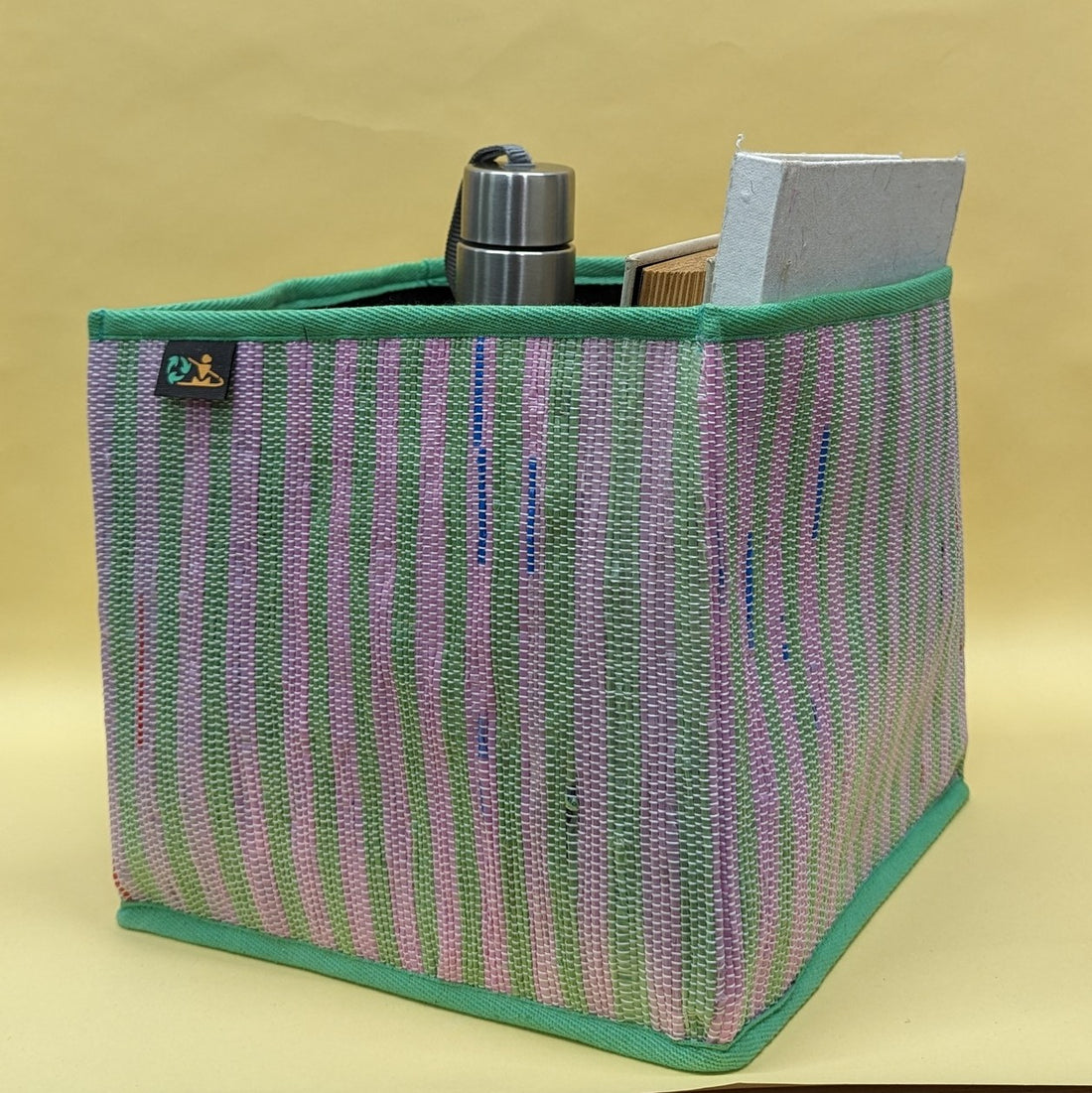 Green and Pink Striped Upcycled Handwoven Collapsible Storage Basket Medium (CSBM0824-011) PS_W