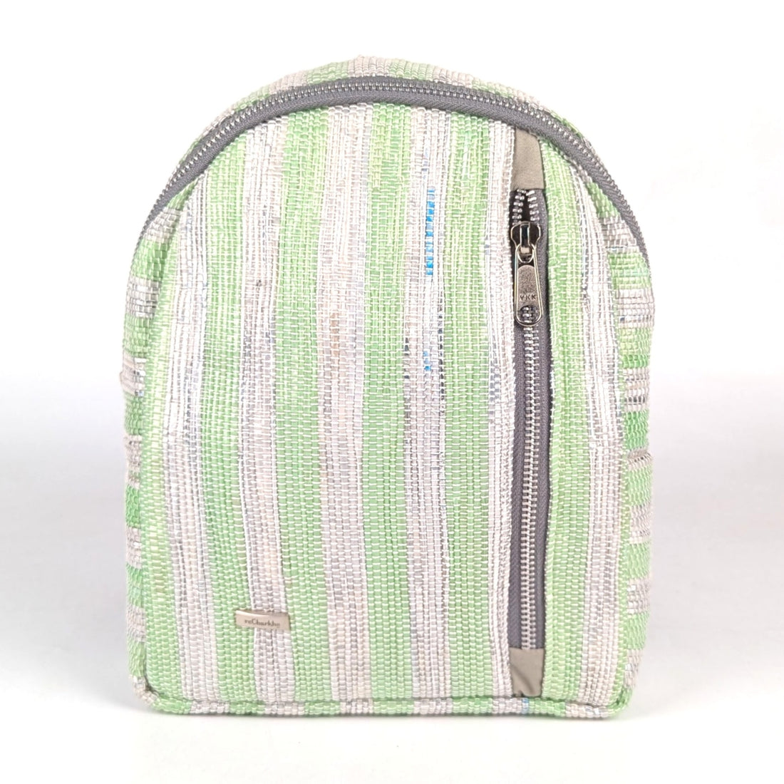 Green and Shimmery Silver Striped Upcycled Handwoven Bug Pack (BPK0824-014) PS_W