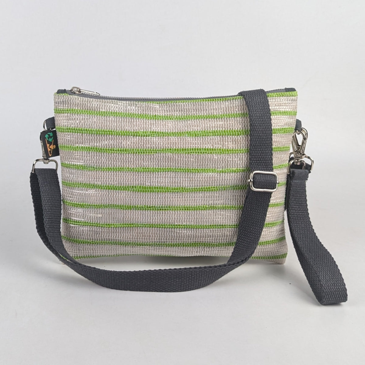 Green and White Striped Upcycled Handwoven Sling Bag (SI0325-012) PS_W