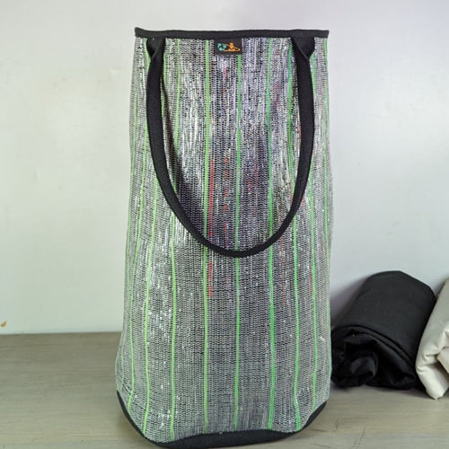 Green and Cassette Tape Black  Waste Plastic Wrappers Upcycled Handwoven Laundry Bag (LBG0324-117)