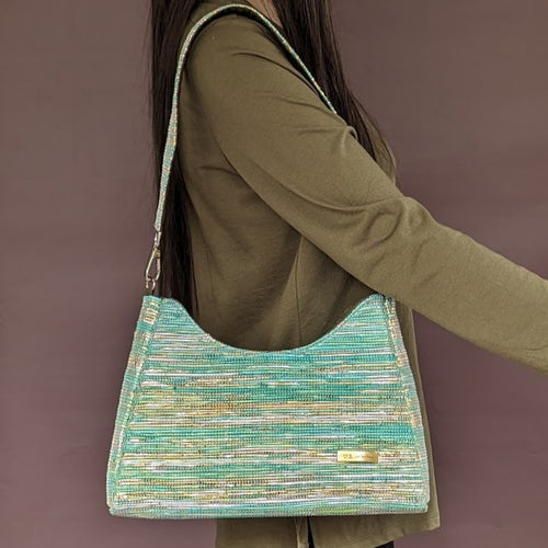 Green and Golden Shimmery Waste Plastic Wrappers Upcycled Handwoven Baguette Bag (BTB0424-014) PS_W