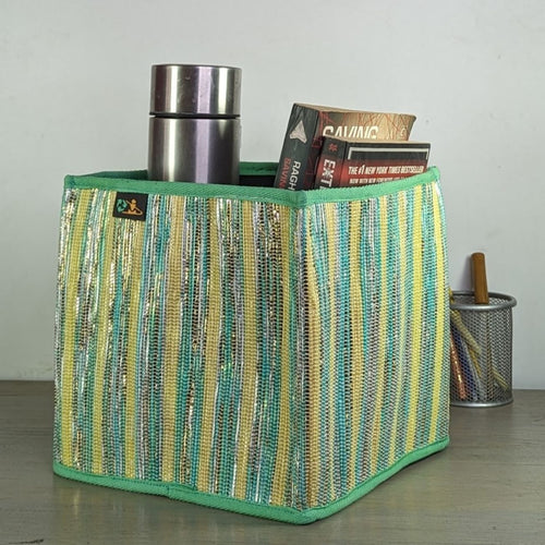 Green and Yellow Shimmery Waste Plastic Wrappers Upcycled Handwoven Collapsible Storage Basket Medium (CSBM0424-004) PS_W