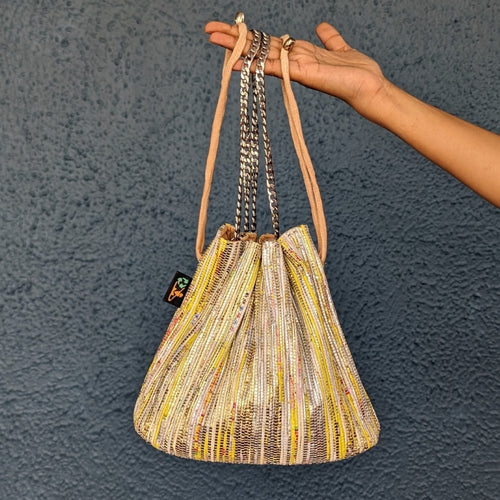 Maggie Wrappers with Golden Glittery Mix Upcycled Handwoven Girija Potli Sling (GP0324-104)