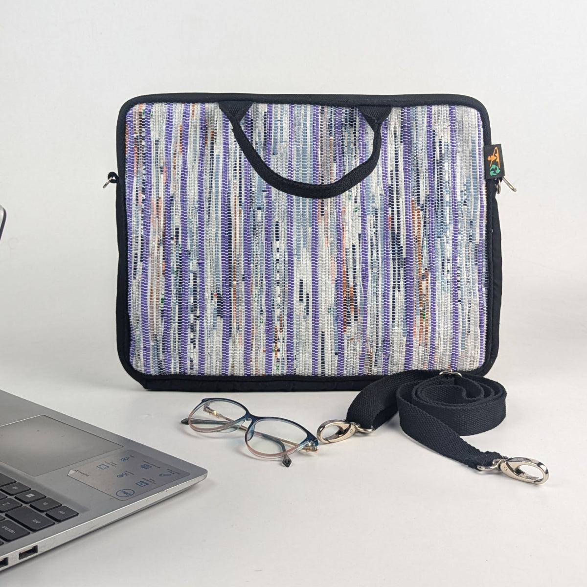 Multi COlour with Blue Stripes Upcycled Handwoven Laptop Sleeves 14 inches (LSB140225-010) PS_W