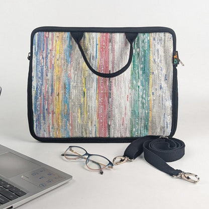 Multi Coloured Bands Upcycled Handwoven Laptop Sleeves 14 inches (LSB140225-007) PS_W