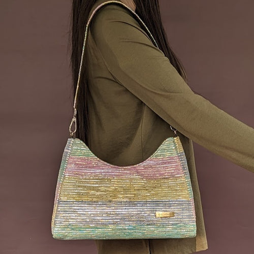 Multicolored Shimmery Waste Plastic Wrappers Upcycled Handwoven Baguette Bag (BTB0424-010) PS_W