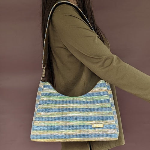 Multicolored Shimmery Waste Plastic Wrappers Upcycled Handwoven Baguette Bag (BTB0424-013) PS_W