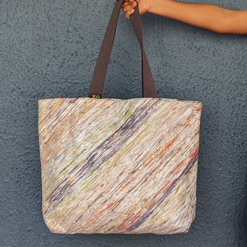 Multicolored Shimmery Waste Plastic Wrappers Upcycled Handwoven Beach Bag (BB0424-015)