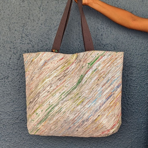 Multicolored Shimmery Waste Plastic Wrappers Upcycled Handwoven Beach Bag (BB0424-017)