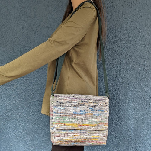 Multicolored Shimmery Waste Plastic Wrappers Upcycled Handwoven Messenger Bag (MB0424-005) PS_W