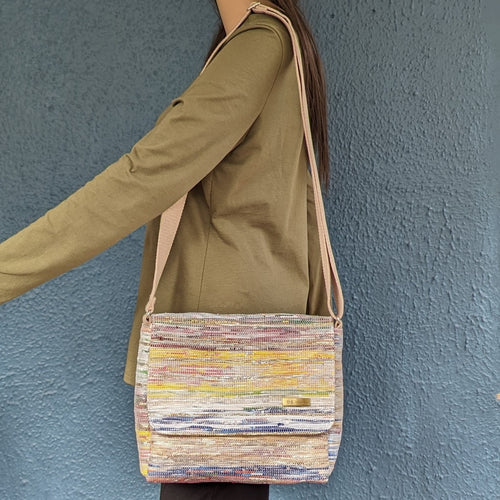 Multicolored Shimmery Waste Plastic Wrappers Upcycled Handwoven Messenger Bag (MB0424-010) PS_W