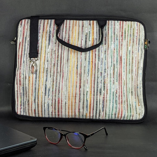 Multicolored Striped Waste Plastic Wrappers Upcycled Handwoven Laptop Sleeves 16 inches (LSB160324-101)
