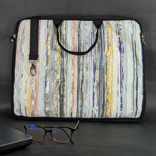 Multicolored Striped Waste Plastic Wrappers Upcycled Handwoven Laptop Sleeves 16 inches (LSB160324-104)