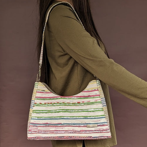 Multicolored Waste Plastic Wrappers Upcycled Handwoven Baguette Bag (BTB0424-004) PS_W