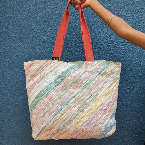Multicolored Waste Plastic Wrappers Upcycled Handwoven Beach Bag (BB0424-005)