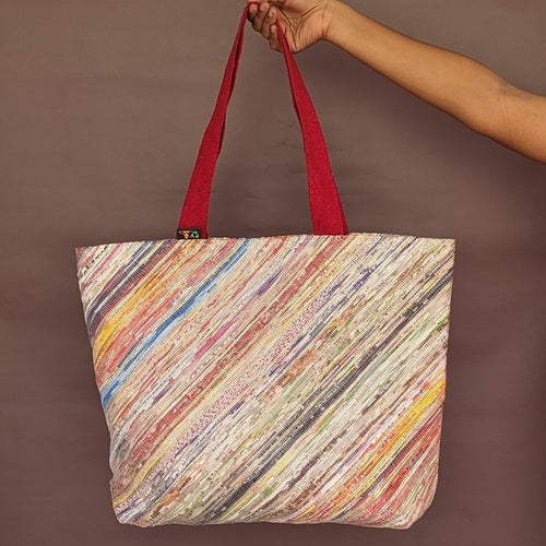 Multicolored Waste Plastic Wrappers Upcycled Handwoven Beach Bag (BB0424-033) PS_W