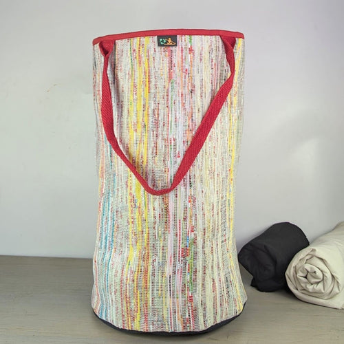 Multicolored Waste Plastic Wrappers Upcycled Handwoven Laundry Bag (LBG0424-012)