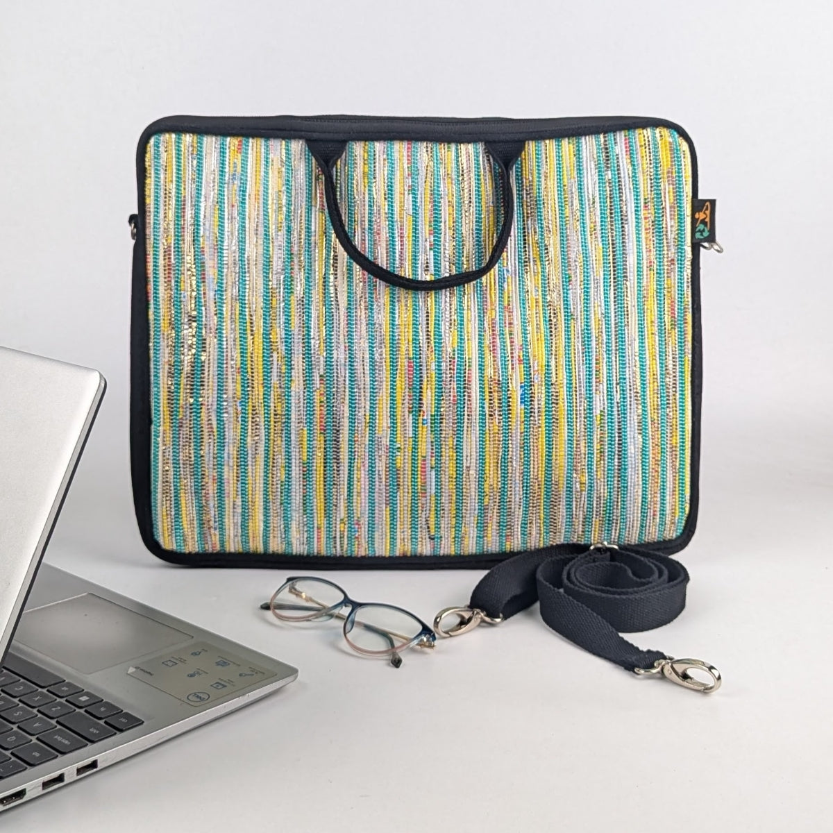 Multicolored Shimmery Striped Handwoven Laptop Sleeve 16 inch (LSB160225-009) PS_W