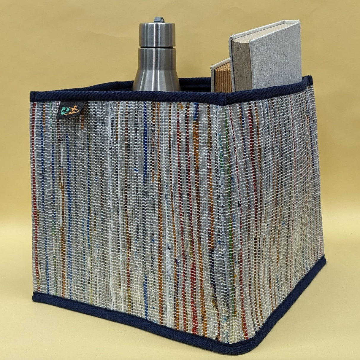 Multicolored Shimmery Striped  Upcycled Handwoven Collapsible Storage Basket Medium (CSBM0824-014) PS_W