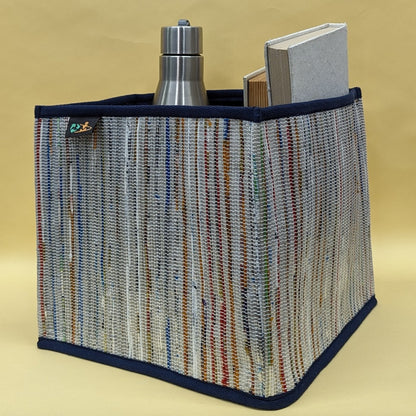 Multicolored Shimmery Striped  Upcycled Handwoven Collapsible Storage Basket Medium (CSBM0824-014) PS_W