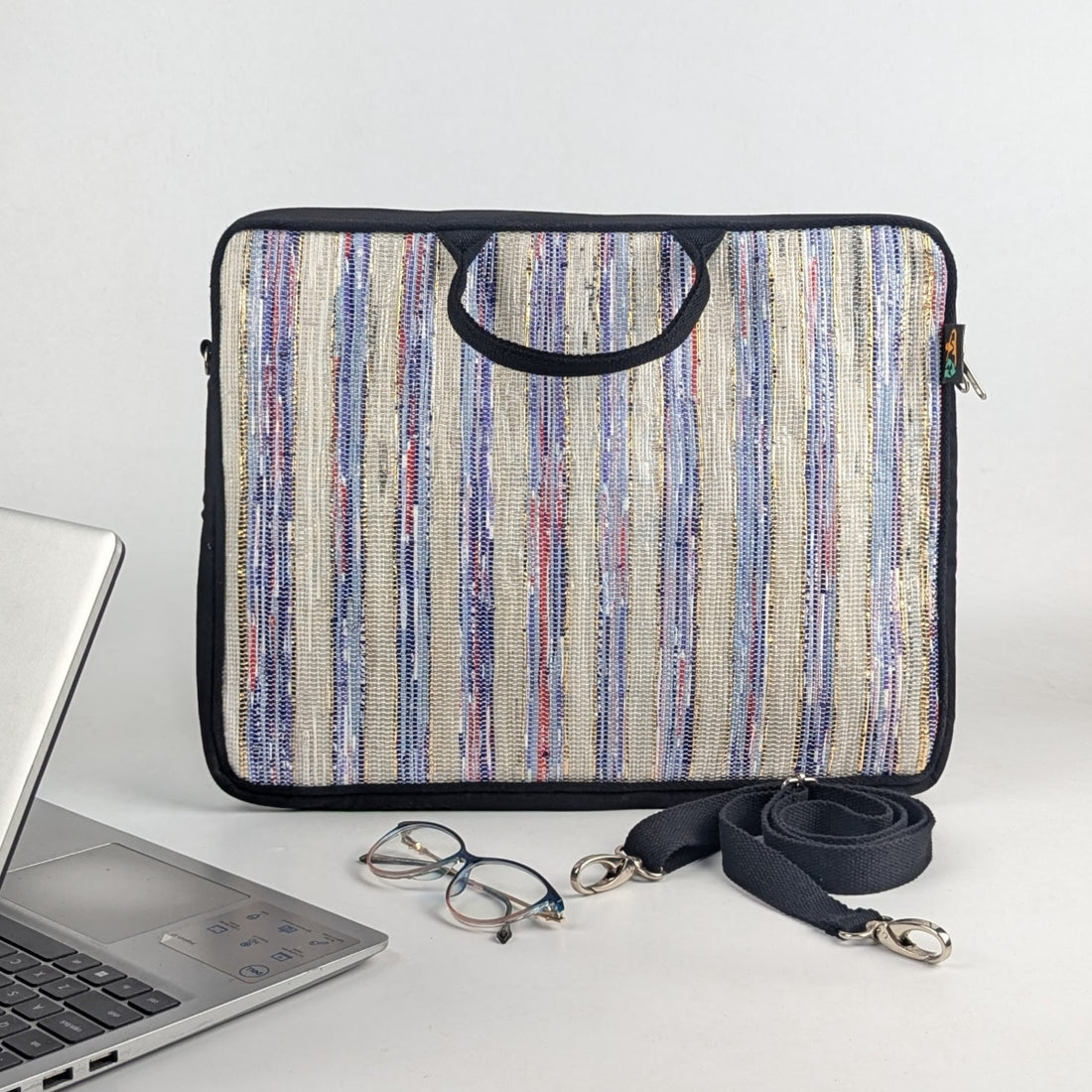 Multicolored Shimmery Striped Upcycled Handwoven Laptop Sleeve 16 inch (LSB161124-004) PS_W