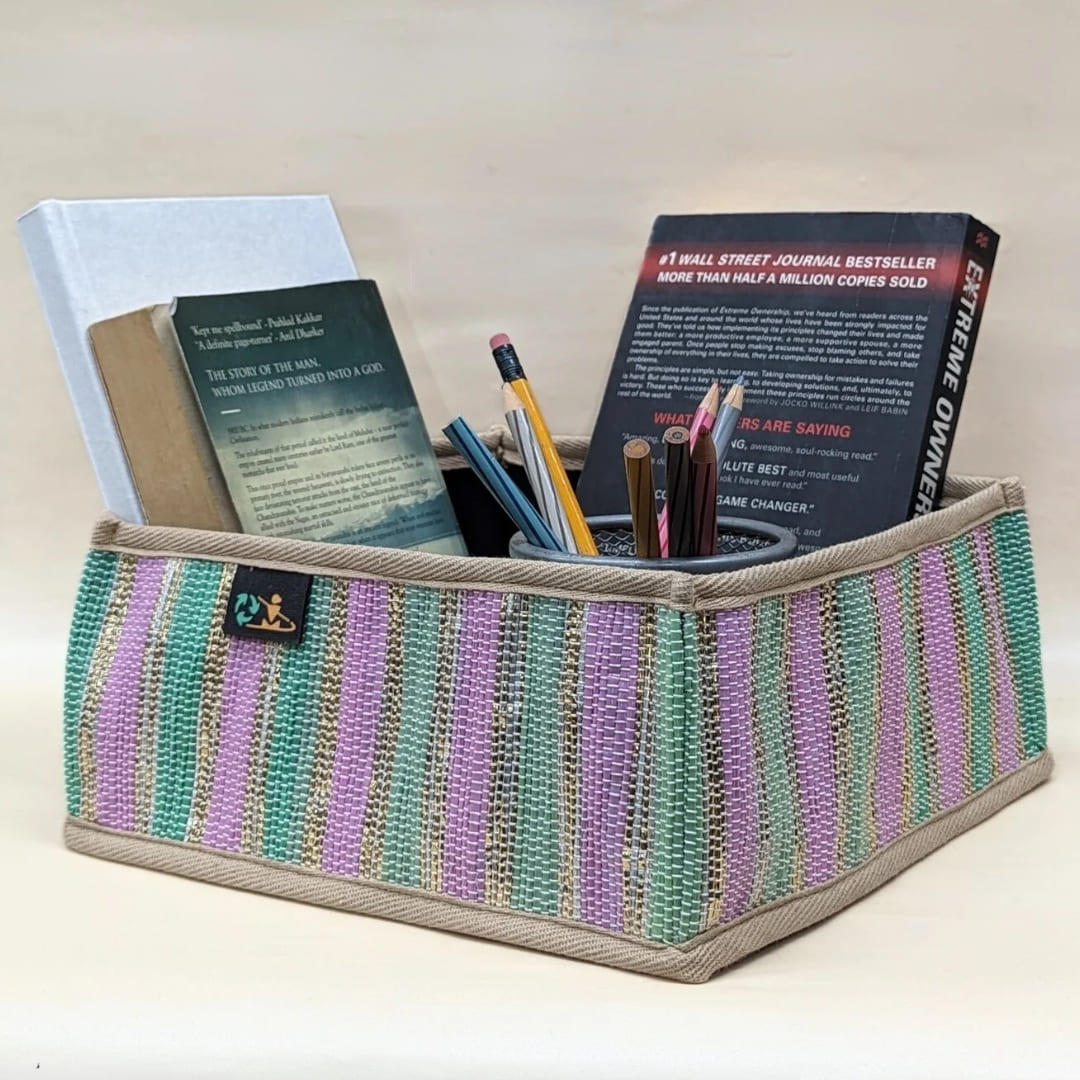 Multicolored Shimmery Upcycled Handwoven Collapsible Storage Basket Small (CSBS0724-009) PS_W