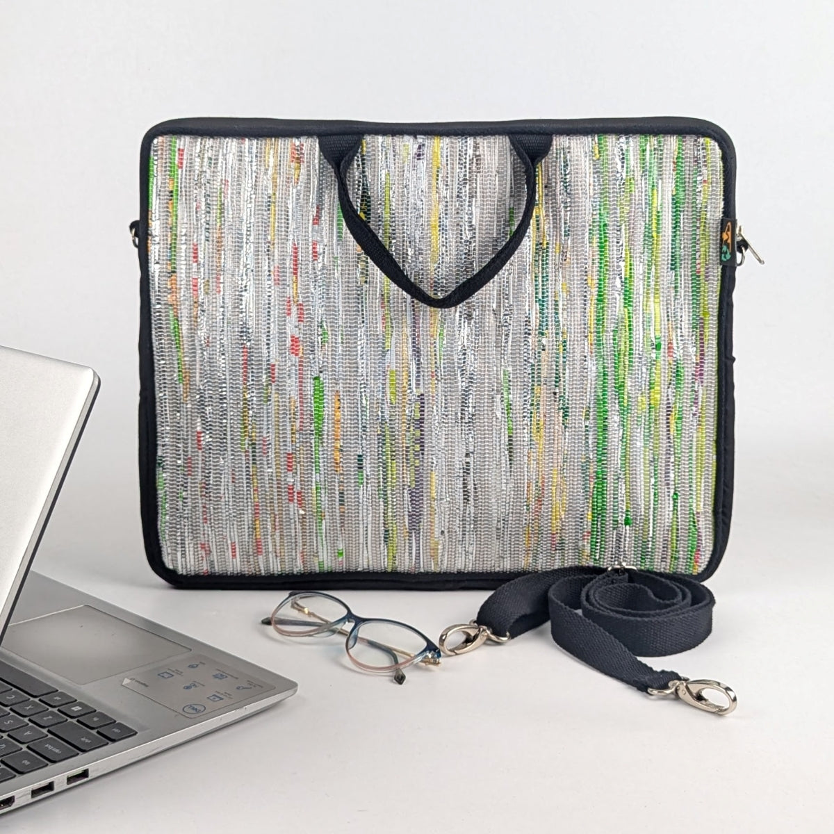 Multicolored Shimmery Upcycled Handwoven Laptop Sleeve 16 inch (LSB161124-009) PS_W