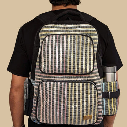 Multicolored with Shimmery Stripes Upcycled Handwoven Commuter Backpack (CBP0624-007) PS_W